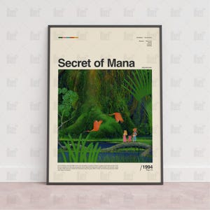 以下が含まれることがあります： ビデオゲーム「Secret of Mana」の額入りポスター。アートワークは、オレンジ色の鳥が飛び交う緑豊かな森のシーン、池、丸太の上のキャラクターが特徴です。タイトルは太字の黒文字です。