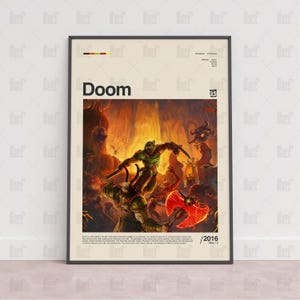 Może przedstawiać: Oprawiony plakat z tytułem "Doom" w kolorze czarnym. Grafika przedstawia scenę walki z zieloną postacią w zbroi walczącą z demonami. Plakat ma beżowe tło i czarną ramę. Widoczny jest również rok 2016.