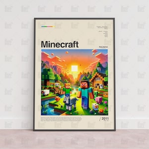 May include: A framed Minecraft poster featuring a vibrant scene with pixelated characters, animals, and landscapes. The poster includes the game's title, the Mojang logo, and the year 2011. The artwork showcases a sunset over a blocky world.