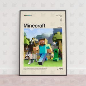 Könnte beinhalten: Ein gerahmtes Poster mit dem Videospiel Minecraft. Das Poster zeigt den Titel des Spiels in großen, fetten Buchstaben zusammen mit einer Szene der Charaktere und der Umgebung des Spiels. Die Farbpalette umfasst Grün-, Blau- und Brauntöne.