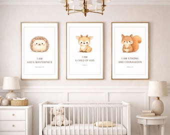 Christian Nursery Prints Set of 6 | Woodland Animals Bible Verses | PNG (5 Sizes)