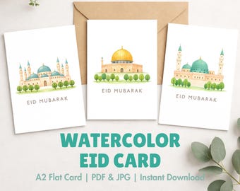 Eid Mubarak Card Set of 3 | Watercolor Mosque | A2 Flat | PNG JPG
