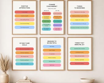 Mental Health Posters for Kids Set of 6, Growth Mindset & Positive Affirmation