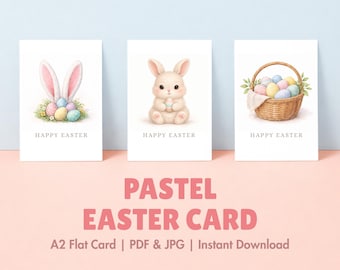 Pastel Watercolor Easter Cards | Printable Set of 3, Bunny, Eggs, Basket (Digital Download)