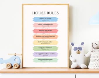Christian House Rules Printable – Bible Verse Wall Art, Kids Values Poster (Instant Download)