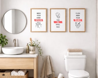 Bathroom Wall Decor Set of 9, Funny Minimalist Restroom Prints, Digital Download