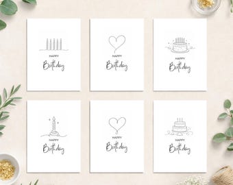 Juego de 6 tarjetas de cumpleaños minimalistas, diseños de pasteles con líneas negras, tarjetas A2 imprimibles