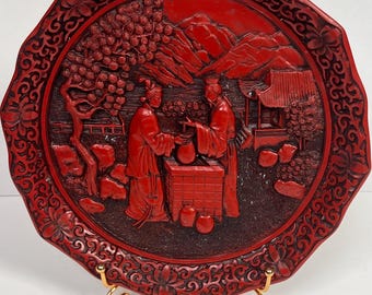 Vintage Chinese Cinnabar Lacquer Plate Return of Bracelet 1981 Wall Decor -9”