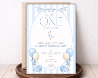 Invitación para el primer cumpleaños de One Silly Goose / Fiesta del ganso de rayas azules / Plantilla editable de Canva