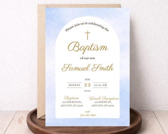 Invitación de bautismo de niño azul (plantilla editable en Canva) / Invitación de bautizo imprimible digitalmente / Acuarela sutil / Minimalista