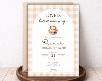 Invitación "Love Is Brewing" / Taza de café para baby shower o despedida de soltera / Cuadros marrones / Plantilla editable de Canva