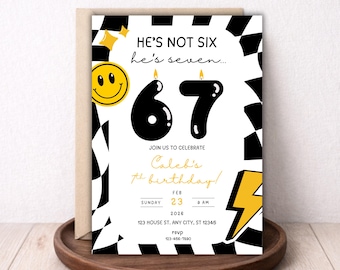 Invitación de cumpleaños "Seis Siete" / "No es seis, es siete" / Fiesta de tablero de ajedrez retro / Plantilla editable de Canva / Niño de séptimo cumpleaños