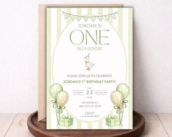 Invitación para el primer cumpleaños de One Silly Goose / Fiesta del ganso de rayas verdes / Plantilla editable de Canva