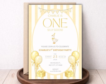 Invitación para el primer cumpleaños de One Silly Goose / Fiesta del ganso de rayas amarillas / Plantilla editable de Canva