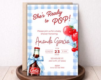 Invitación para baby shower "She's Ready to Pop" / Tema cereza / Cuadros azules / Plantilla editable de Canva
