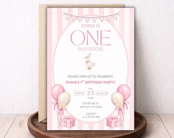 Invitación para el primer cumpleaños de One Silly Goose / Fiesta de ganso con rayas rosas / Plantilla editable de Canva