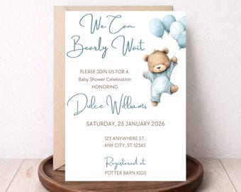 Invitación para baby shower de niño o osito de peluche "Podemos esperar" (plantilla editable de Canva)