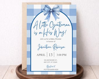 Invitación para baby shower de caballero pequeño / Lazo de cuadros azules / Baby shower de niño / Invitación digital editable