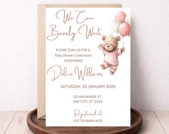 Invitación para baby shower "Podemos esperar", niña / osito de peluche / plantilla editable de Canva