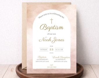 Plantilla editable de Canva para invitación de bautismo neutral / Invitación de bautizo imprimible digitalmente / Acuarela sutil / Minimalista