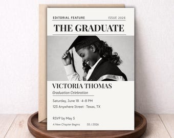 Plantilla editorial moderna para anuncio de graduación / Invitación con foto / Editable en Canva / Descarga digital