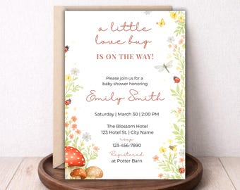 Invitación para baby shower con temática de insectos, jardín de flores silvestres, género neutro, plantilla editable de Canva