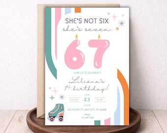 Invitación de cumpleaños "Six Seven" / "She's Not Six She's Seven" / Fiesta de patinaje retro / Plantilla editable de Canva / Niña de séptimo cumpleaños