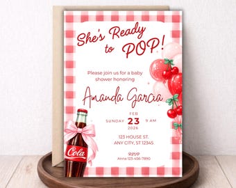 Invitación para baby shower "She's Ready to Pop" / Tema cereza / Cuadros rosas / Plantilla editable de Canva