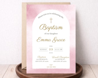 Invitación de bautizo de niña rosa (plantilla editable en Canva) / Invitación de bautizo imprimible digitalmente / Acuarela sutil / Minimalista