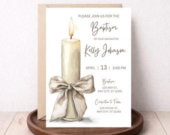 Plantilla editable de Canva para invitación de bautizo neutral / Invitación de bautizo imprimible digitalmente / Diseño de lazo para velas