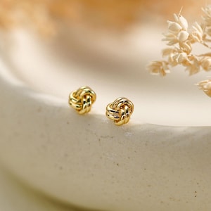 May include: Two small, gold-coloured knot stud earrings. The earrings are presented on a light-coloured, slightly textured surface, with dried floral accents in the background. The earrings have a polished finish.