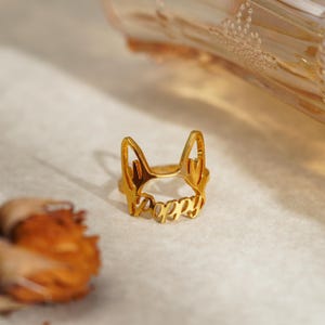 Peut inclure: Une bague dorée représentant un visage de chien avec le nom "Poppy" en écriture cursive. La bague a une finition polie et est posée sur un fond doux et neutre. La conception de la bague comprend des oreilles droites.