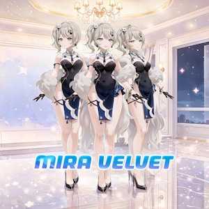 Könnte beinhalten: Drei Anime-Figuren in schwarzen und blauen Kleidern mit weißen Fellakzenten und High Heels. Der Text "MIRA VELVET" wird in Blau und Weiß angezeigt. Der Hintergrund zeigt einen Raum mit einem großen Fenster mit Blick auf eine Stadtlandschaft.