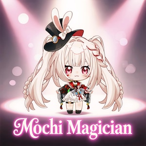 May include: An illustration of a chibi character, a Mochi Magician, with long, light-colored hair and red eyes. The character wears a black top hat with bunny ears and a red and black outfit. The text "Mochi Magician" is at the bottom.