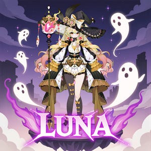 May include: An illustration of a character named Luna, dressed in a witch costume with a black hat and a staff. The character is surrounded by white ghost figures and stands on a platform with the name "LUNA" in purple text.