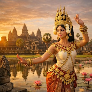 May include: A woman in traditional Cambodian Apsara dance attire, with a gold headdress and jewelry, poses gracefully. The costume features a white top, red and gold skirt, and intricate gold embellishments. The background includes a temple and a body of water with lotus flowers.