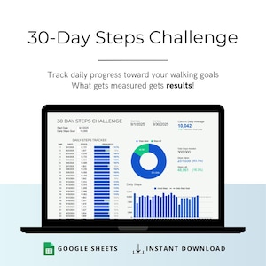May include: A laptop screen displays a 30-Day Steps Challenge tracker. The spreadsheet shows daily steps, progress bars, and a pie chart. Text includes "Track daily progress toward your walking goals" and "What gets measured gets results!"