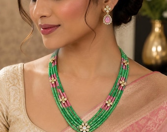 Kundan Green Beaded Necklace Set, Indian Jewelry , Traditional Necklace Set, Gift For Women