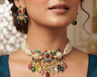 The Royal Virasat Kundan & Pearl Choker Set,  Traditional Multi-Stone Festive Necklace with Earrings.