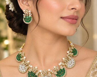 Green Emerald Crystal Necklace Set, Sabyasachi Inspire Necklace, Traditional Necklace Set, Gift For Her