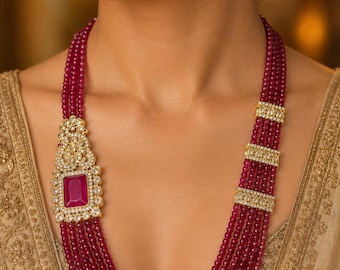 Kundan Necklace Gold Plated With Earrings | Traditional Indian Statement Jewelry Ruby Beaded Kundan Long Necklace, Gift For Her |