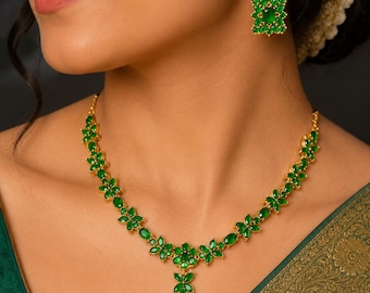 18k Gold Plated | Emerald Green Necklace | With Earrings | Bridal Jewelry Set | Gift For Her,