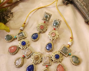 Royal Multicolor Kundan Necklace Set with Matching Earring,  Traditional Indian Bridal Jewelry, Statement Ethnic Wear.