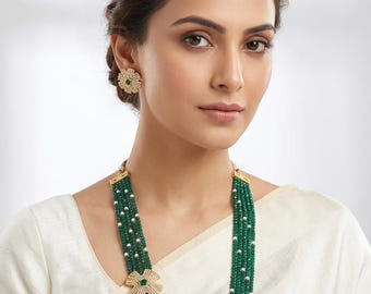 Elegant Emerald Green Beaded Long Necklace Set for Women, Traditional Indian Pearl Layered Mala Necklace with Stud Earrings.