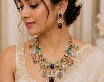 Handcrafted Multi Gemstone Statement Necklace Set, Festive Indian Jewelry Set, Kundan and Polki Style, Choker For Women.