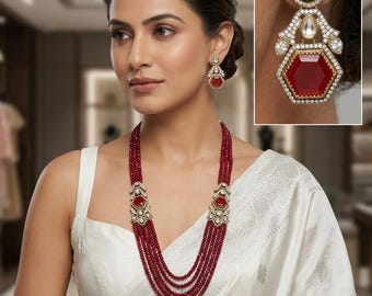 Green Kundan Polki Multi-Strand Necklace Set with Matching Earrings | Emerald Green Beaded Bridal Jewelry | Traditional