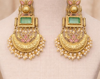 Vintage Style Gold Chandbali Earrings, Green Stone & Pink Detail, Indian Bridal Jewelry Gift.