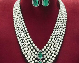 Emerald Green Pearl Layered Necklace Set | Indian Bridal Jewelry Set | Multi Strand Pearl Necklace with Earrings | Wedding Statement Jewelry