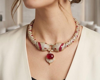 18K Gold Serpenti-Inspired Ruby Cabochon Choker and Drop Earring Set in Pavé Diamond Finish, High Jewelry Set.