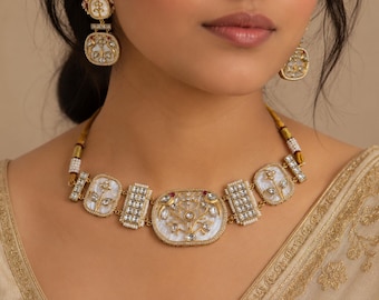 Imperial Gold-Plated Meenakari Necklace Set, Handcrafted Pearl & Polki Statement Jewelry Set with Matching Drop Earrings.